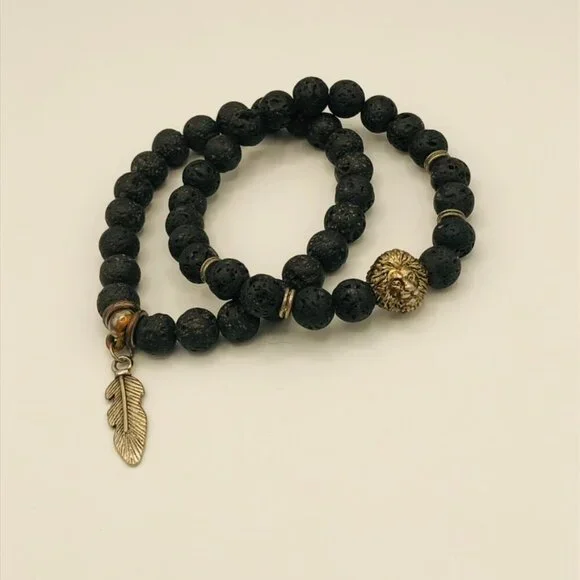 Set of Lava Stone Stretch Bracelets with Accent Beads - Picture 2 of 6